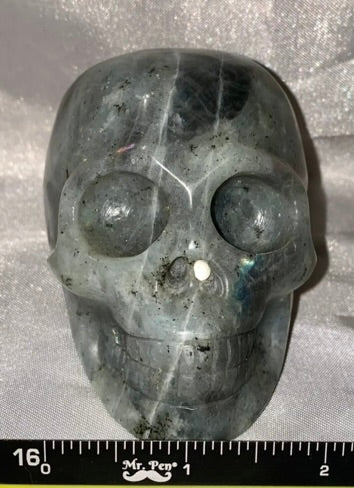 Large Labradorite Stone Skull Figurine - Halloween decor, spooky polished sculpture