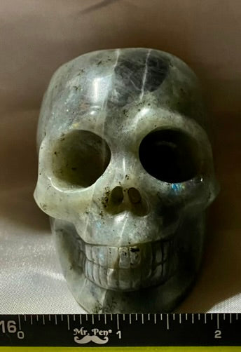 Large Labradorite Stone Skull Figurine - Halloween decor, spooky polished sculpture