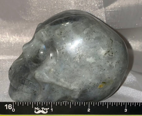 Large Labradorite Stone Skull Figurine - Halloween decor, spooky polished sculpture