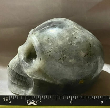 Large Labradorite Stone Skull Figurine - Halloween decor, spooky polished sculpture