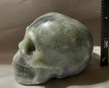 Large Labradorite Stone Skull Figurine - Halloween decor, spooky polished sculpture