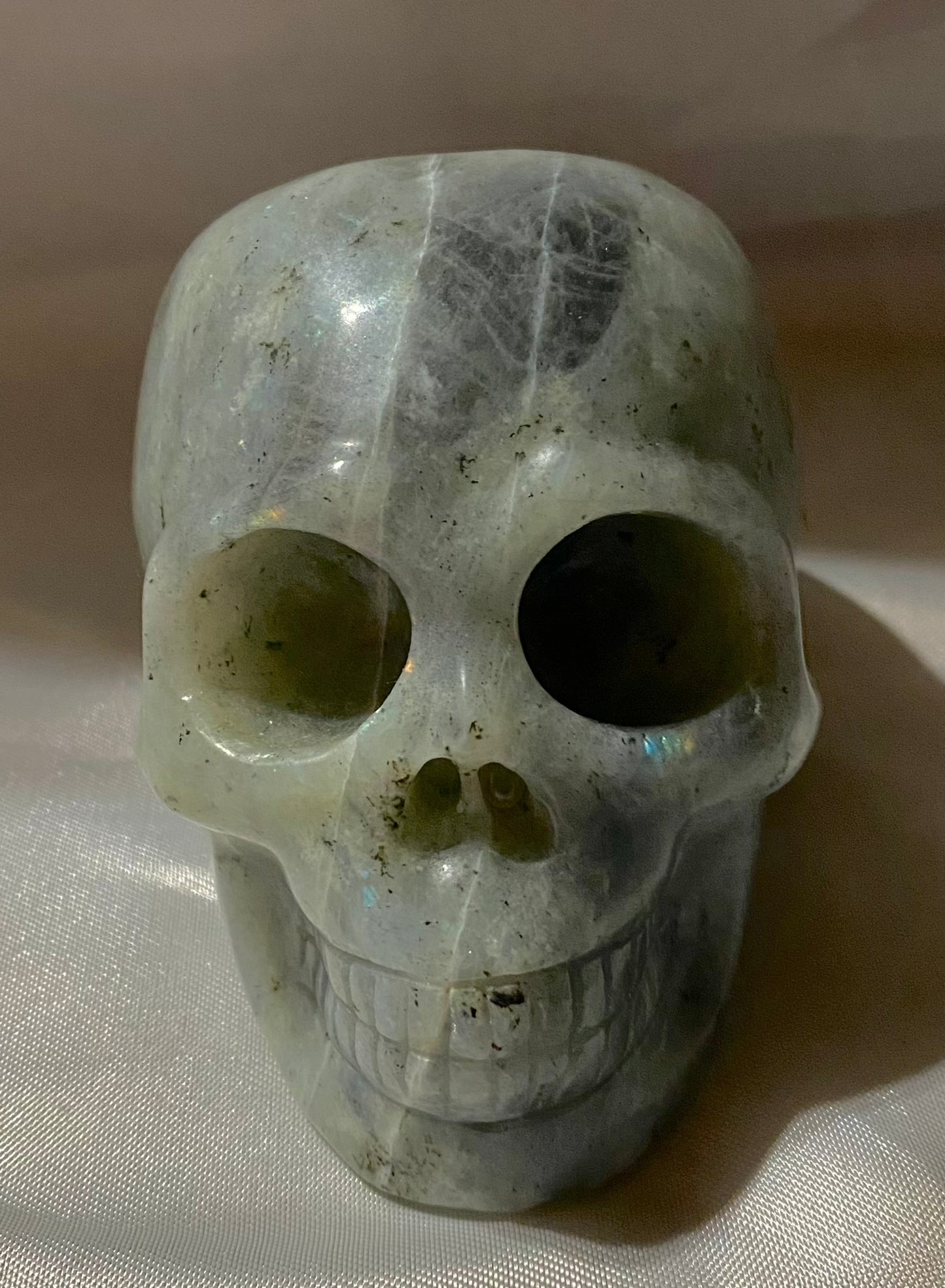 Large Labradorite Stone Skull Figurine - Halloween decor, spooky polished sculpture