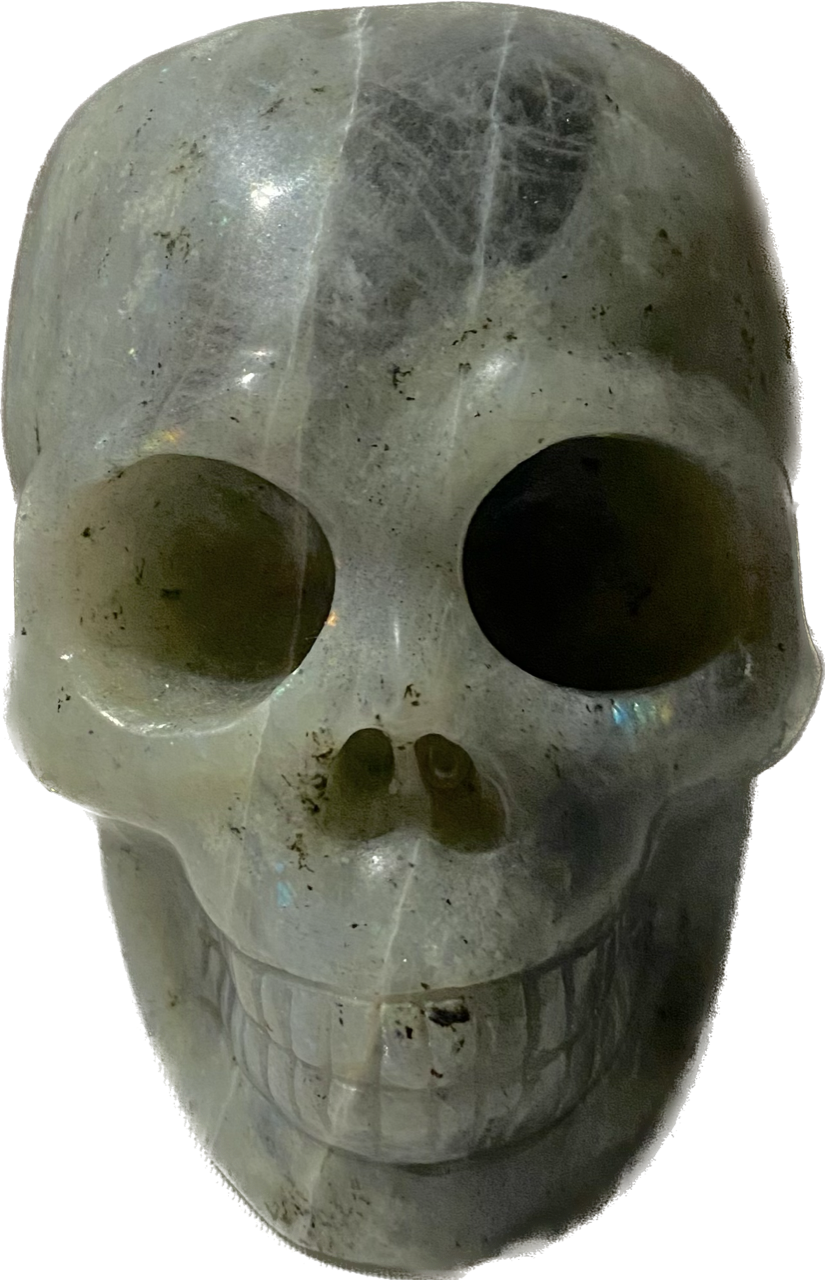 Large Labradorite Stone Skull Figurine - Halloween decor, spooky polished sculpture