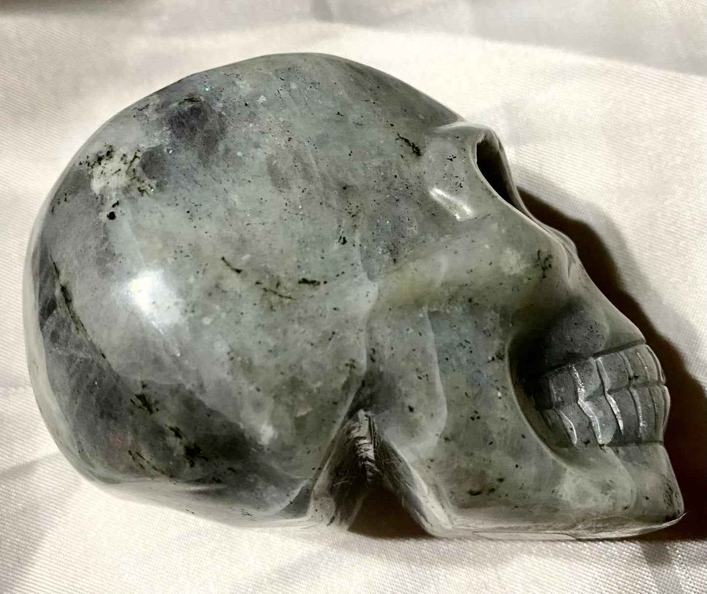 Large Labradorite Stone Skull Figurine - Halloween decor, spooky polished sculpture