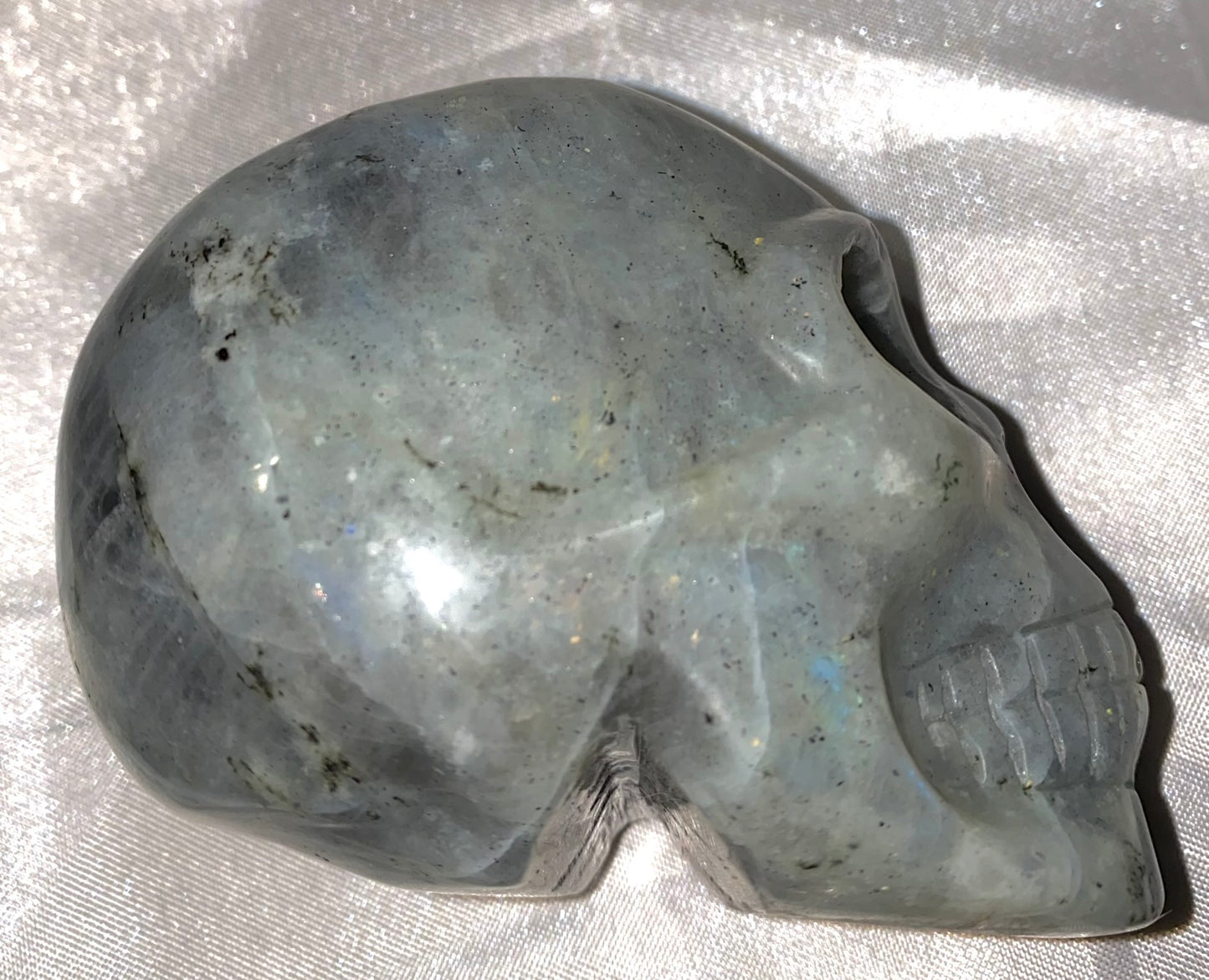 Large Labradorite Stone Skull Figurine - Halloween decor, spooky polished sculpture