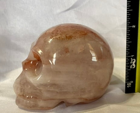 Large Red Healer Quartz Skull Statue - Halloween decor, spooky polished Red Phantom Quartz stone sculpture