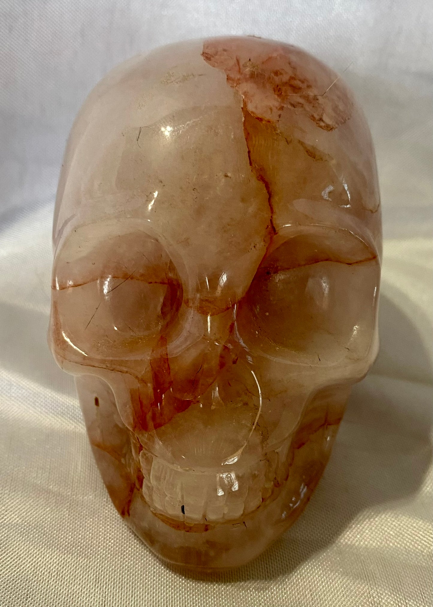 Large Red Healer Quartz Skull Statue - Halloween decor, spooky polished Red Phantom Quartz stone sculpture