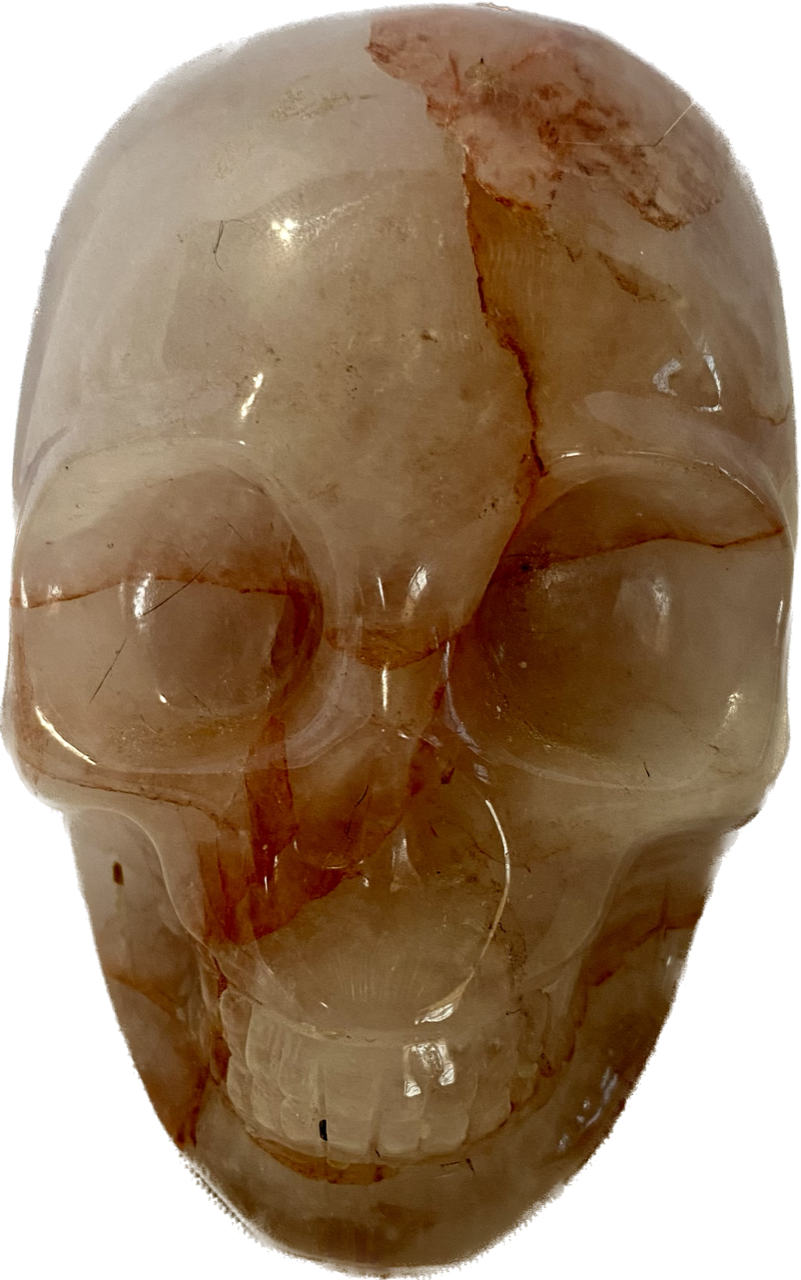 Large Red Healer Quartz Skull Statue - Halloween decor, spooky polished Red Phantom Quartz stone sculpture