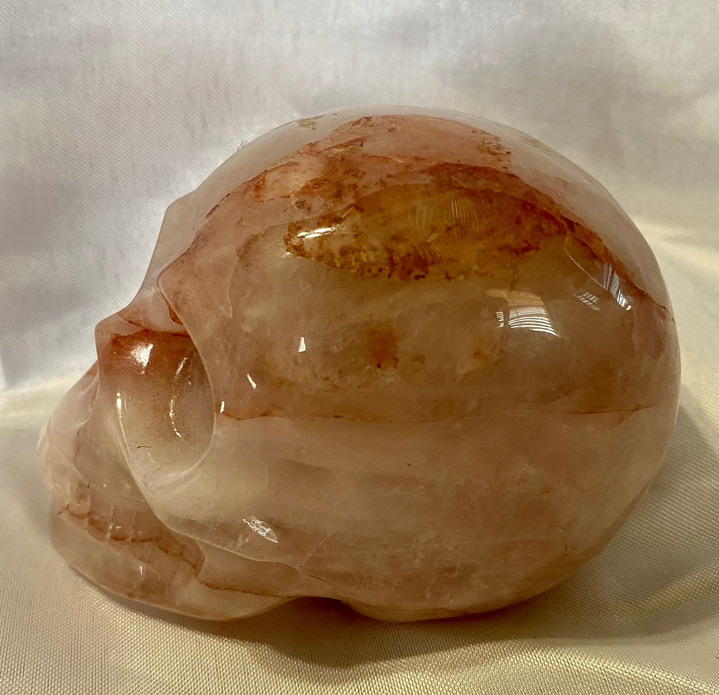 Large Red Healer Quartz Skull Statue - Halloween decor, spooky polished Red Phantom Quartz stone sculpture