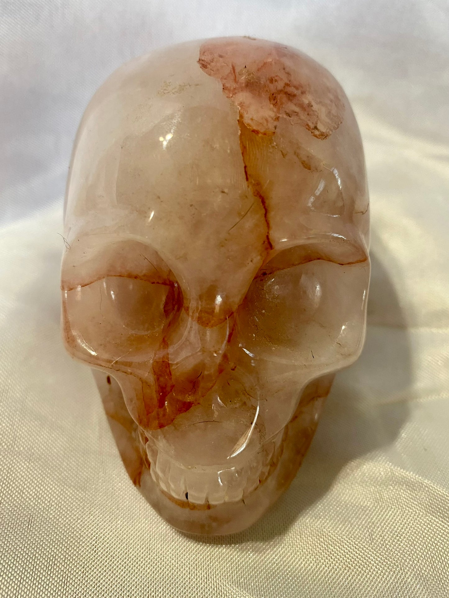 Large Red Healer Quartz Skull Statue - Halloween decor, spooky polished Red Phantom Quartz stone sculpture