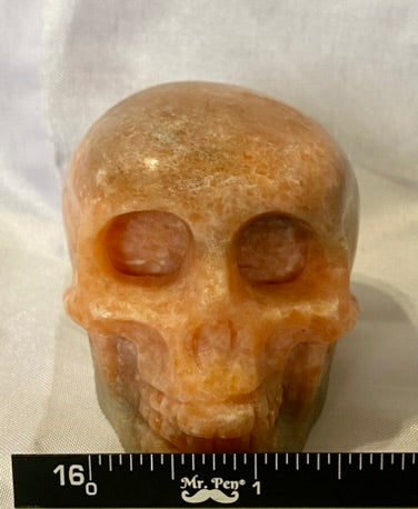 Large Sunstone Skull Sculpture Figurine - Halloween decor, spooky polished stone sculpture