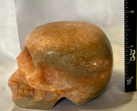 Large Sunstone Skull Sculpture Figurine - Halloween decor, spooky polished stone sculpture