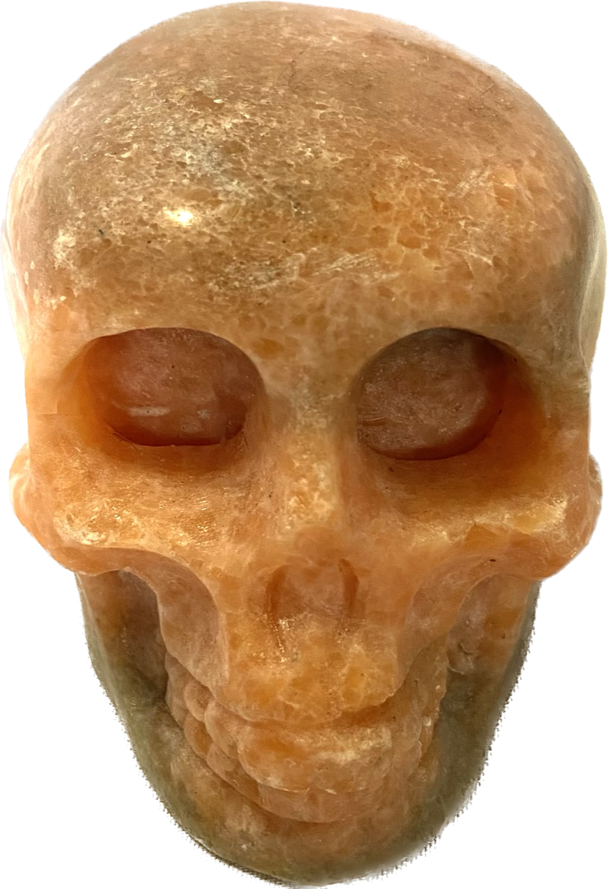 Large Sunstone Skull Sculpture Figurine - Halloween decor, spooky polished stone sculpture