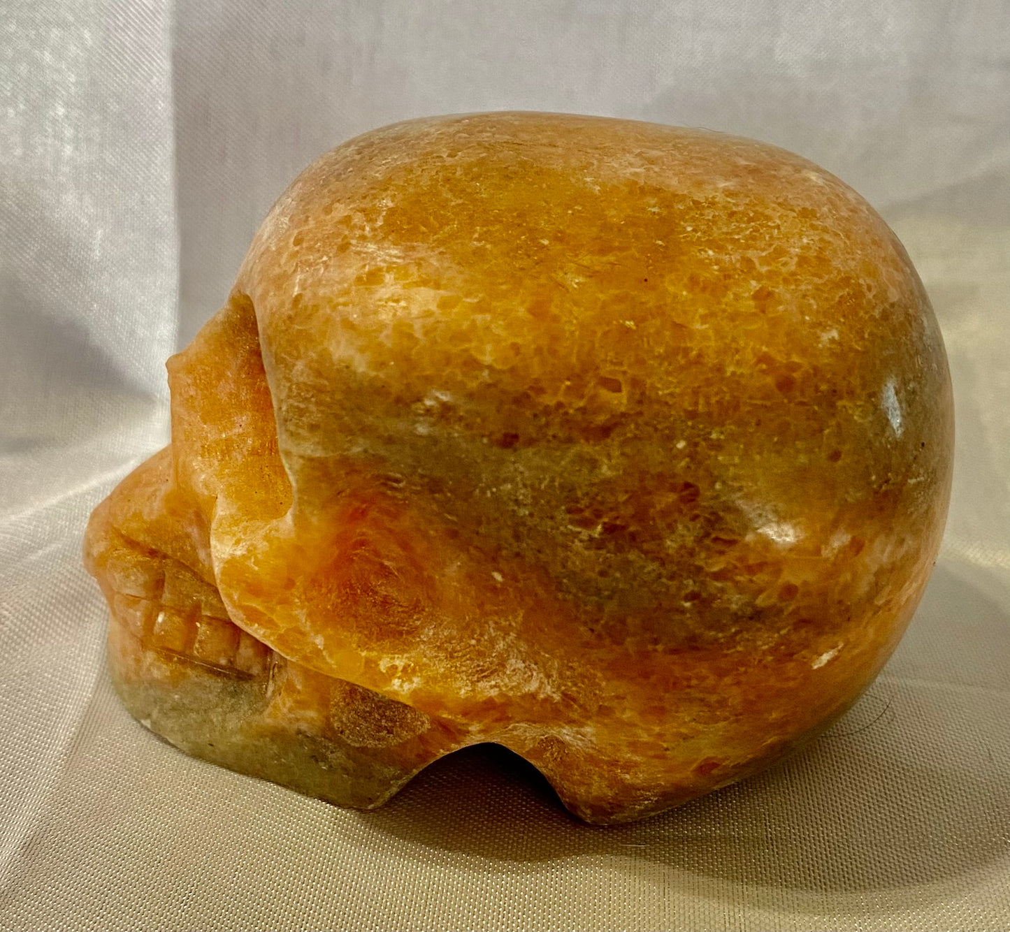 Large Sunstone Skull Sculpture Figurine - Halloween decor, spooky polished stone sculpture