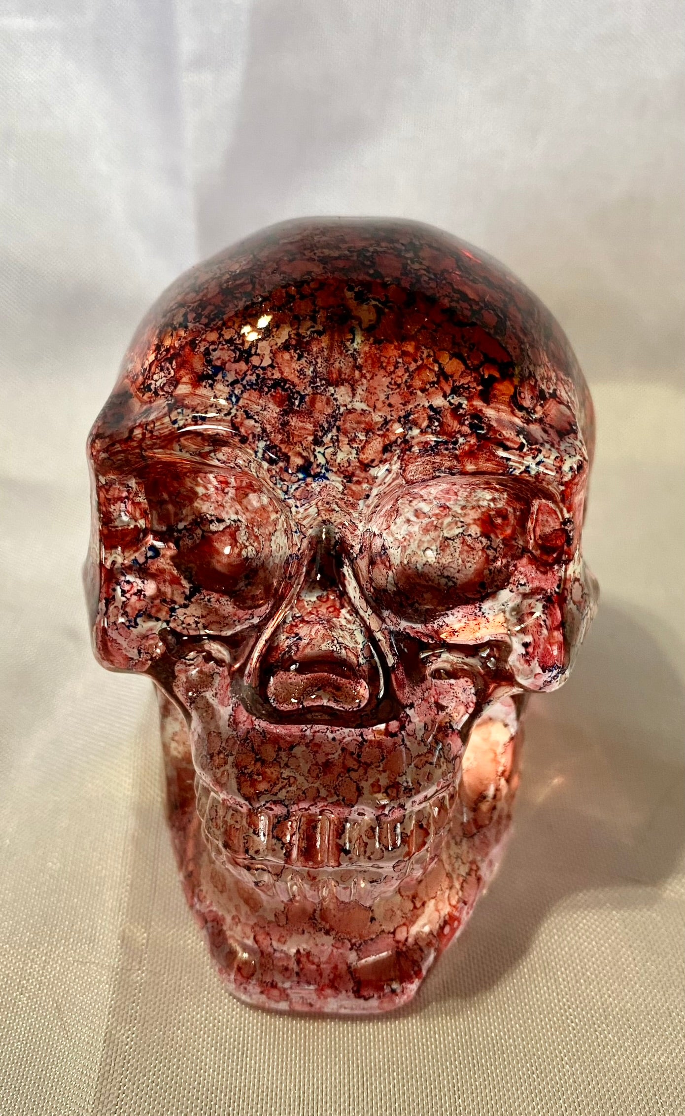 Large Tinted Glass Skull - Halloween decor, spooky polished sculpture