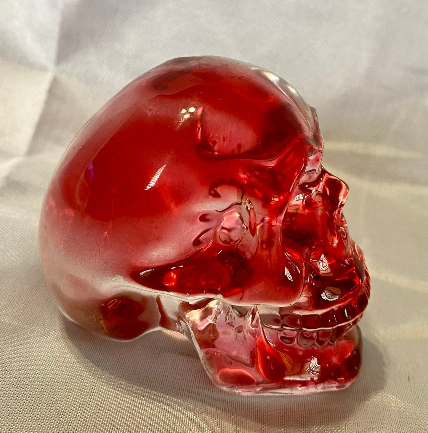 Large Tinted Glass Skull - Halloween decor, spooky polished sculpture