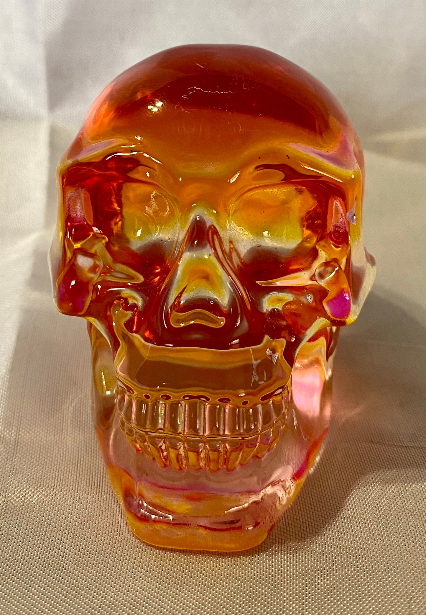 Large Tinted Glass Skull - Halloween decor, spooky polished sculpture