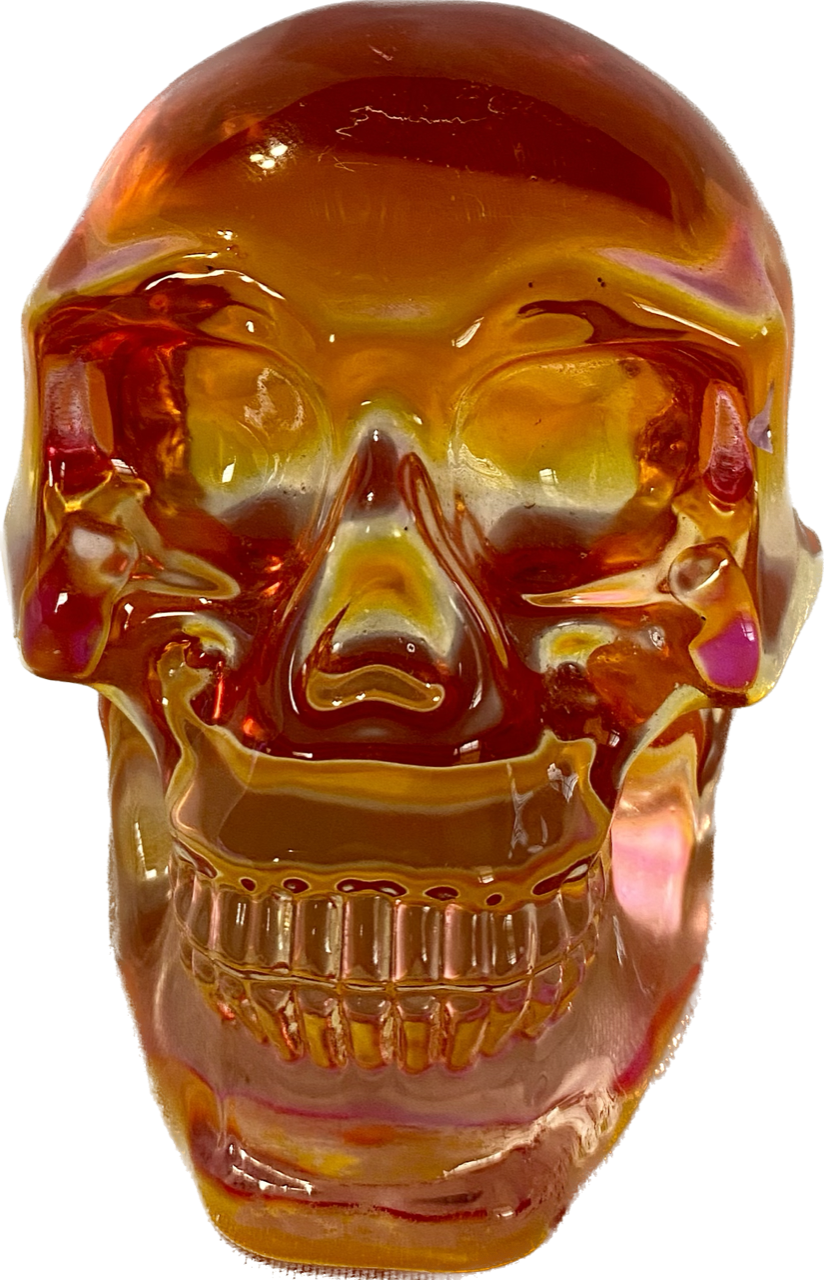 Large Tinted Glass Skull - Halloween decor, spooky polished sculpture