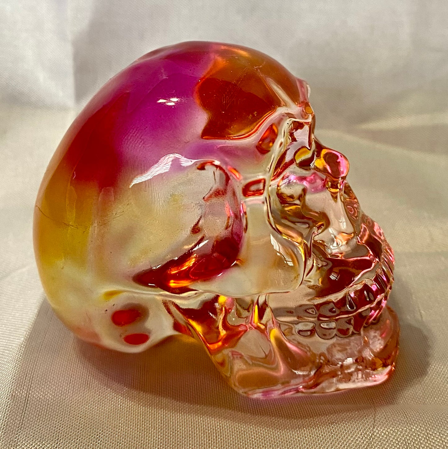 Large Tinted Glass Skull - Halloween decor, spooky polished sculpture