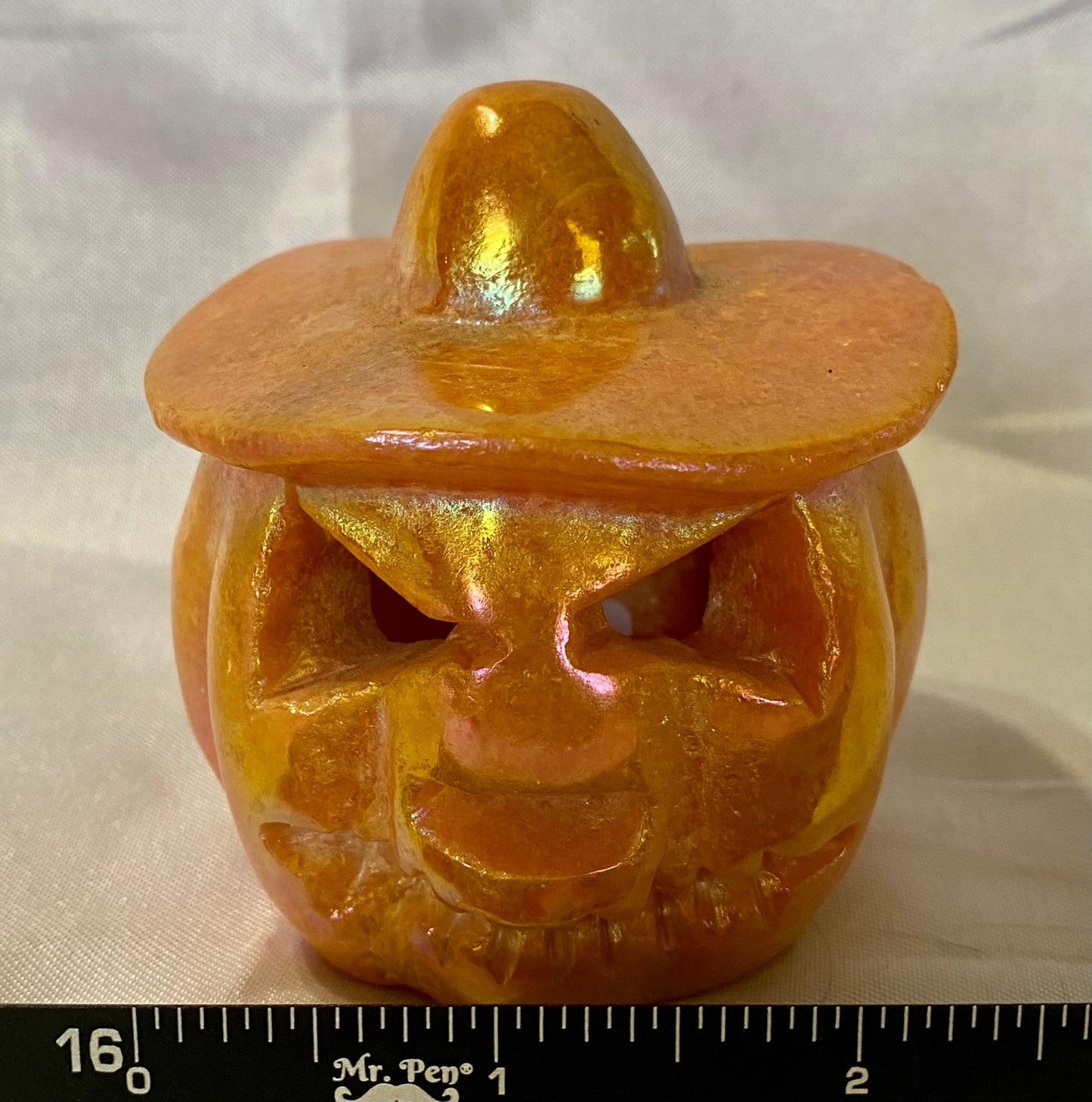 Large Orange Calcite Hollow Jack-'O-Lantern Sculpture with Aura, for LED light or light stand, Halloween decor