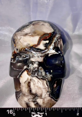 Large Volcano Agate Skull (UV Reactive) 1 - Halloween decor, spooky polished stone sculpture, glows in blacklight