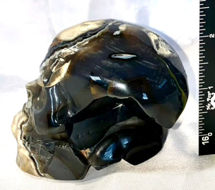 Large Volcano Agate Skull (UV Reactive) 1 - Halloween decor, spooky polished stone sculpture, glows in blacklight