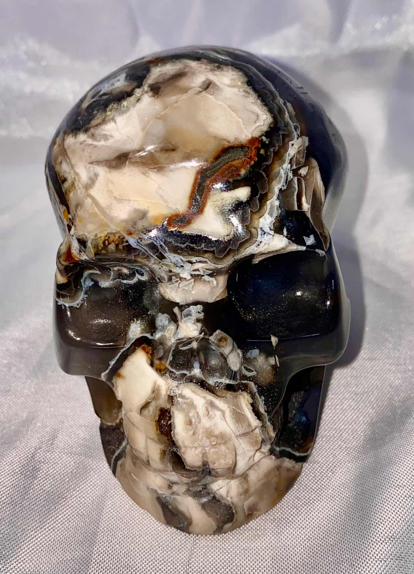 Large Volcano Agate Skull (UV Reactive) 1 - Halloween decor, spooky polished stone sculpture, glows in blacklight