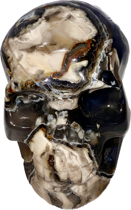 Large Volcano Agate Skull (UV Reactive) 1 - Halloween decor, spooky polished stone sculpture, glows in blacklight