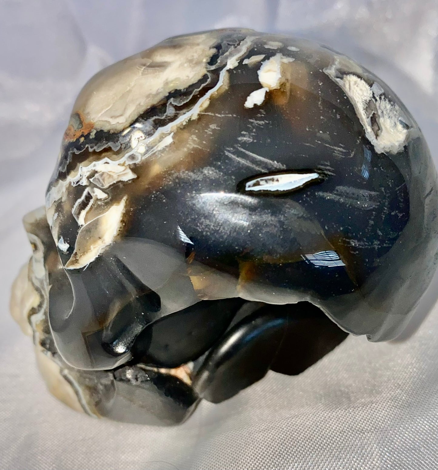 Large Volcano Agate Skull (UV Reactive) 1 - Halloween decor, spooky polished stone sculpture, glows in blacklight