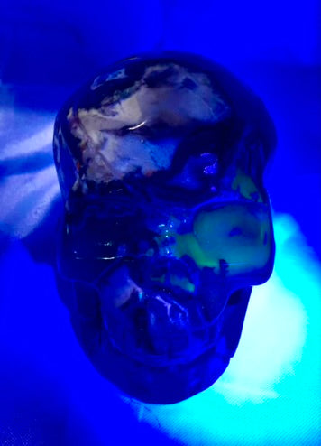 Large Volcano Agate Skull (UV Reactive) 1 - Halloween decor, spooky polished stone sculpture, glows in blacklight