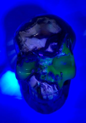 Large Volcano Agate Skull (UV Reactive) 1 - Halloween decor, spooky polished stone sculpture, glows in blacklight