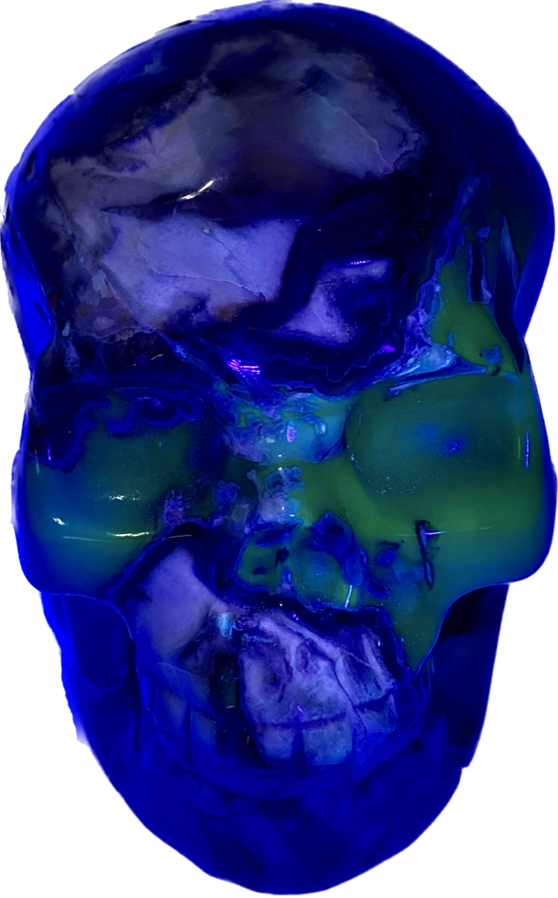 Large Volcano Agate Skull (UV Reactive) 1 - Halloween decor, spooky polished stone sculpture, glows in blacklight