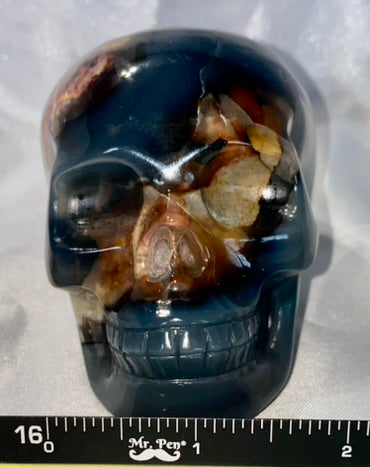 Large Volcano Agate Skull (UV Reactive) 2 - Halloween decor, spooky polished stone sculpture  glows in blacklight