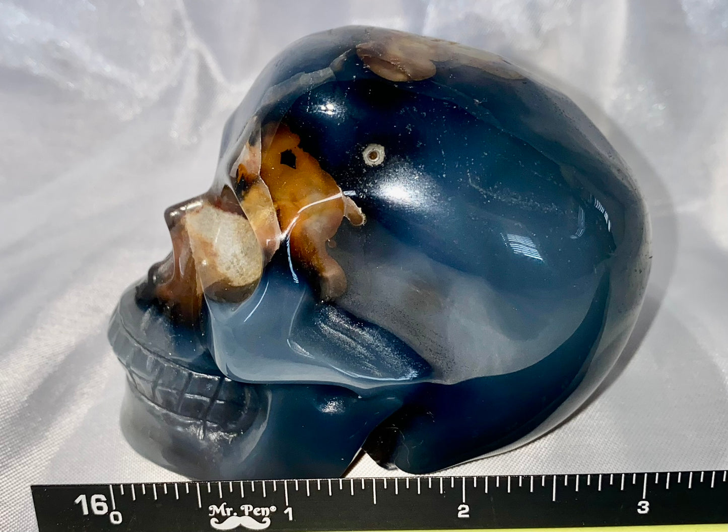 Large Volcano Agate Skull (UV Reactive) 2 - Halloween decor, spooky polished stone sculpture  glows in blacklight