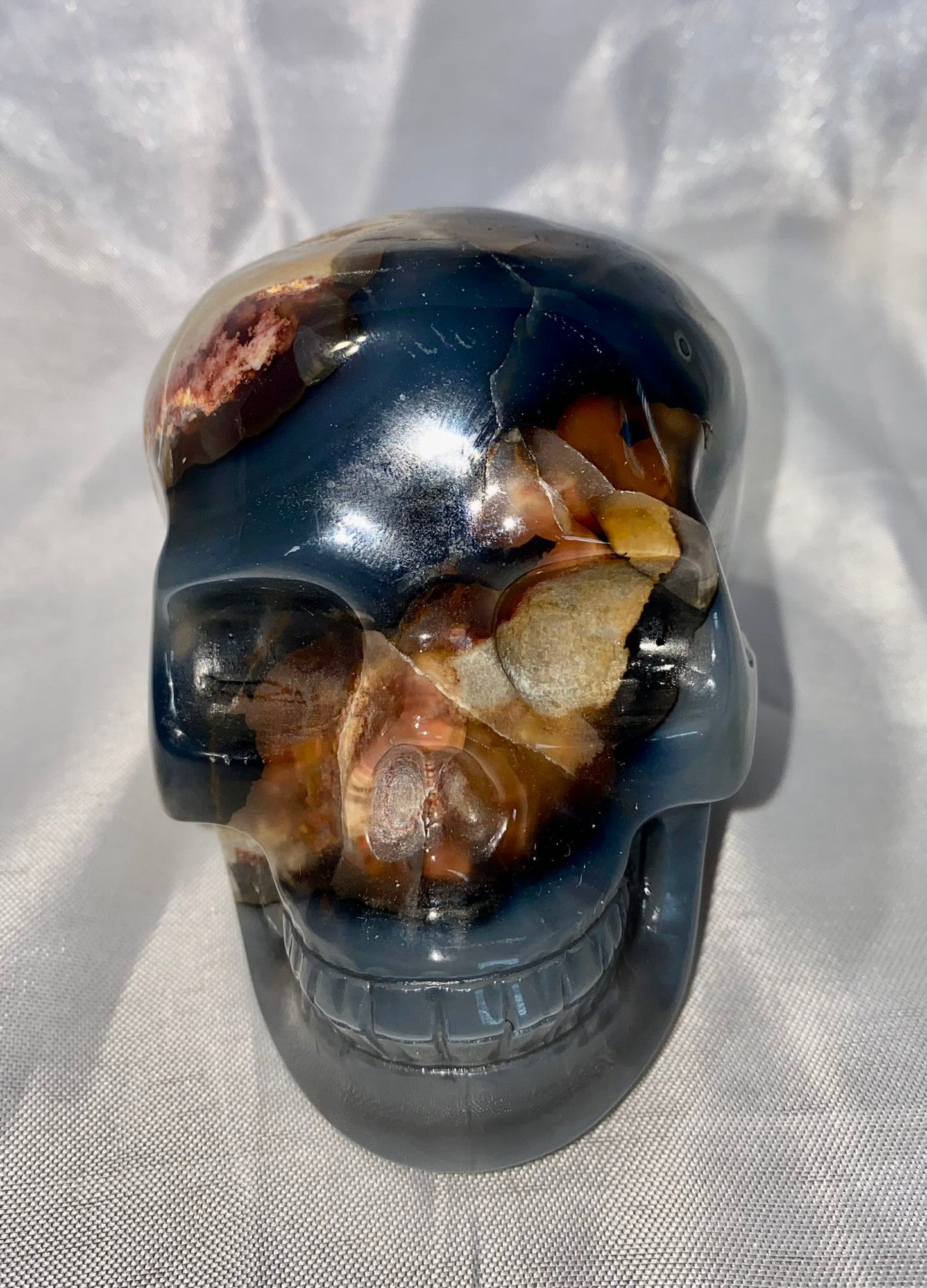 Large Volcano Agate Skull (UV Reactive) 2 - Halloween decor, spooky polished stone sculpture  glows in blacklight