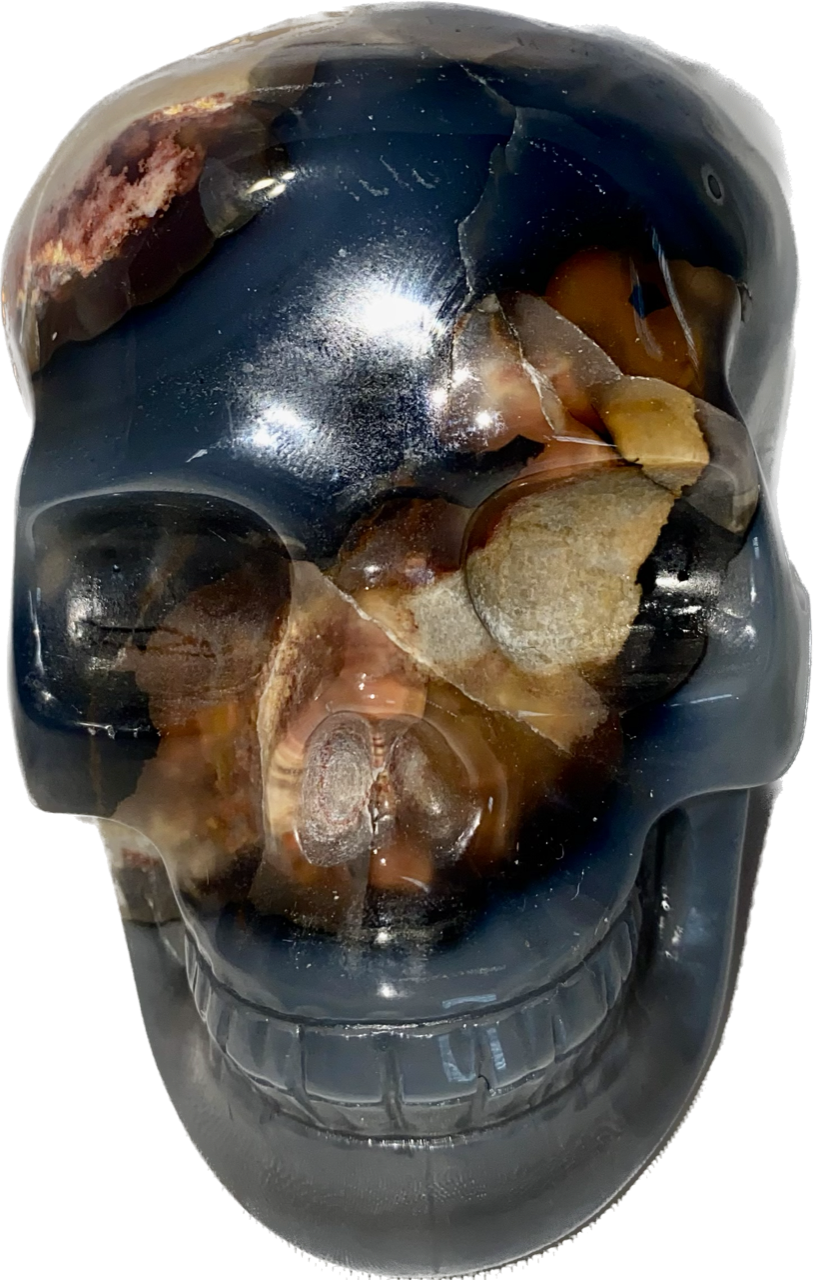 Large Volcano Agate Skull (UV Reactive) 2 - Halloween decor, spooky polished stone sculpture  glows in blacklight