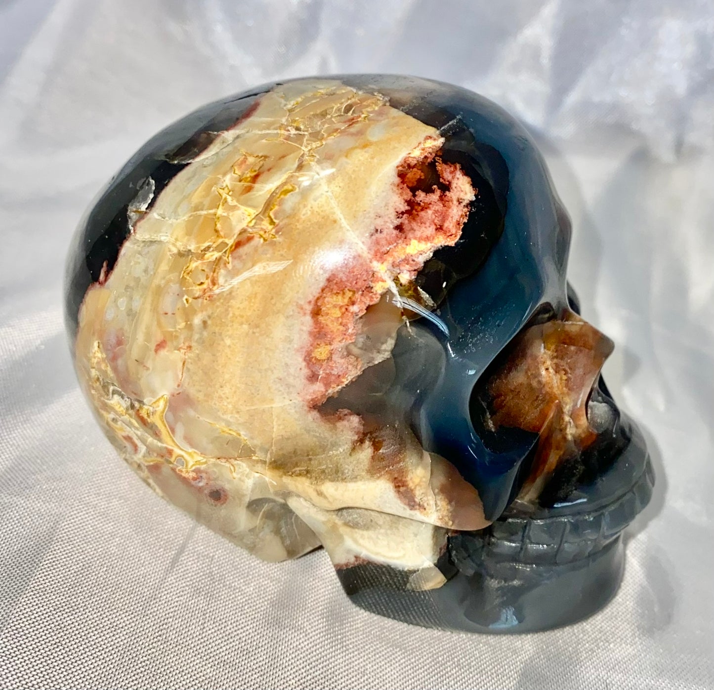 Large Volcano Agate Skull (UV Reactive) 2 - Halloween decor, spooky polished stone sculpture  glows in blacklight