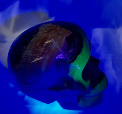 Large Volcano Agate Skull (UV Reactive) 2 - Halloween decor, spooky polished stone sculpture  glows in blacklight