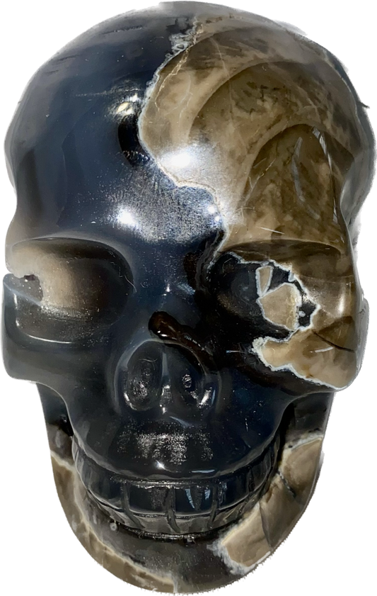 Large Volcano Agate Skull (UV Reactive) 3 - Halloween decor, spooky polished stone sculpture crystalline druzy pockets, glows in blacklight