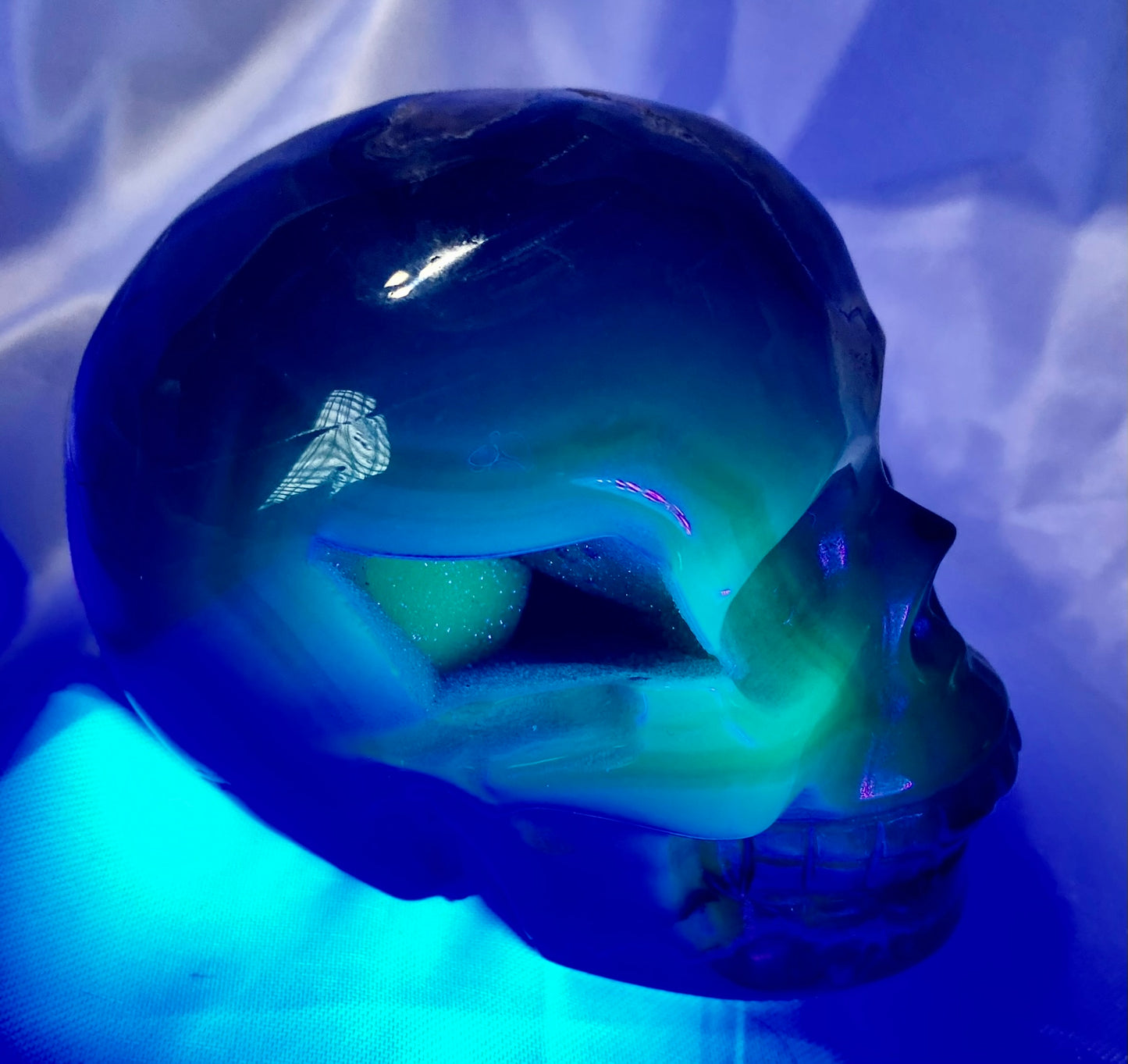 Large Volcano Agate Skull (UV Reactive) 3 - Halloween decor, spooky polished stone sculpture crystalline druzy pockets, glows in blacklight