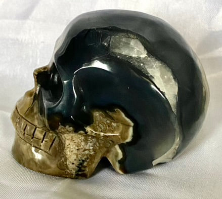 Large Volcano Agate Skull Statue (UV Reactive) 4 - Halloween decor, spooky polished stone sculpture crystalline druzy pockets, glows in blacklight