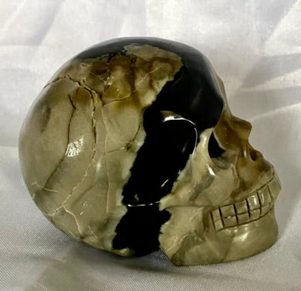 Large Volcano Agate Skull Statue (UV Reactive) 4 - Halloween decor, spooky polished stone sculpture crystalline druzy pockets, glows in blacklight