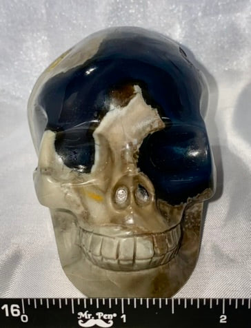 Large Volcano Agate Skull Statue (UV Reactive) 4 - Halloween decor, spooky polished stone sculpture crystalline druzy pockets, glows in blacklight