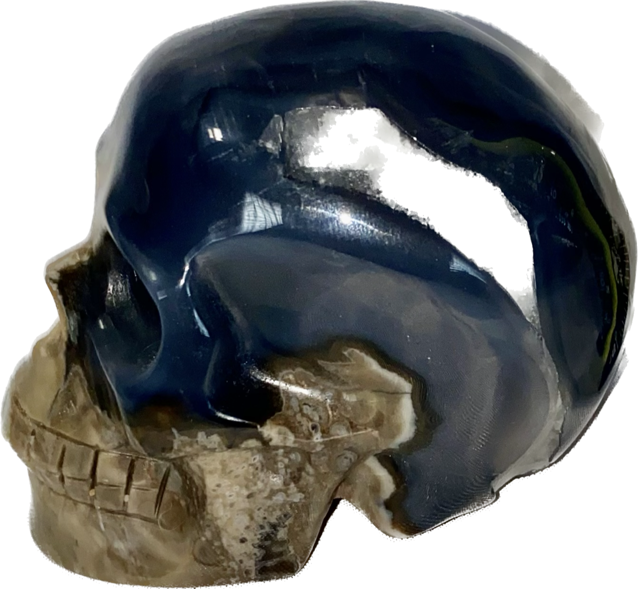 Large Volcano Agate Skull Statue (UV Reactive) 4 - Halloween decor, spooky polished stone sculpture crystalline druzy pockets, glows in blacklight