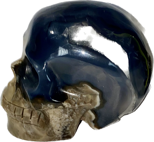 Large Volcano Agate Skull Statue (UV Reactive) 4 - Halloween decor, spooky polished stone sculpture crystalline druzy pockets, glows in blacklight