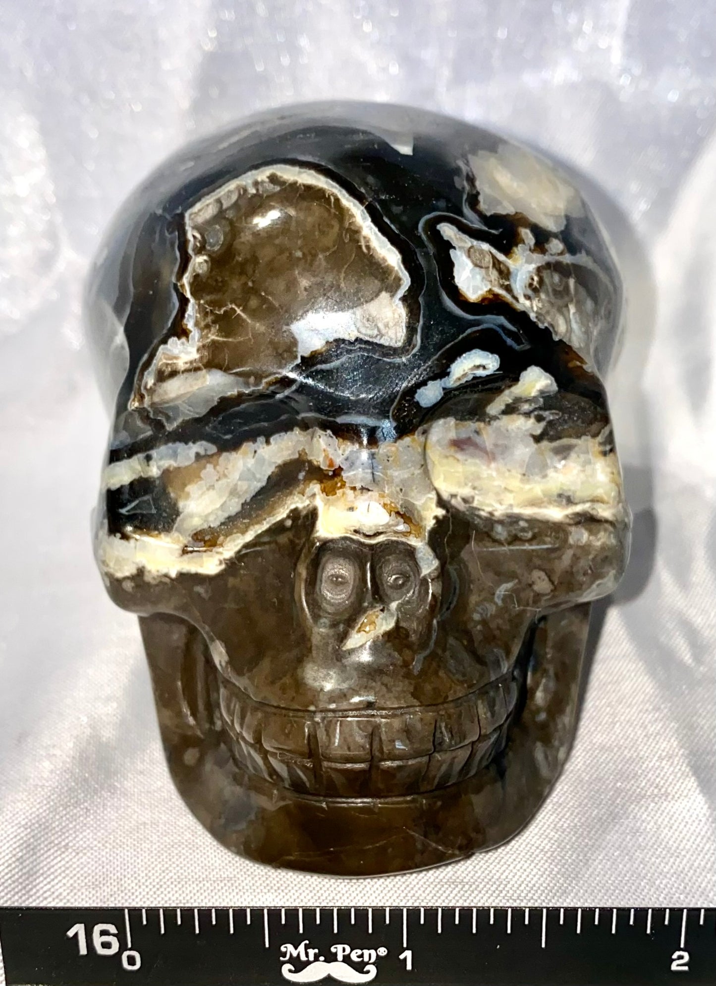 Large Volcano Agate Skull Statue (UV Reactive) 5 - Halloween decor, spooky polished stone sculpture crystalline druzy pockets, glows in blacklight