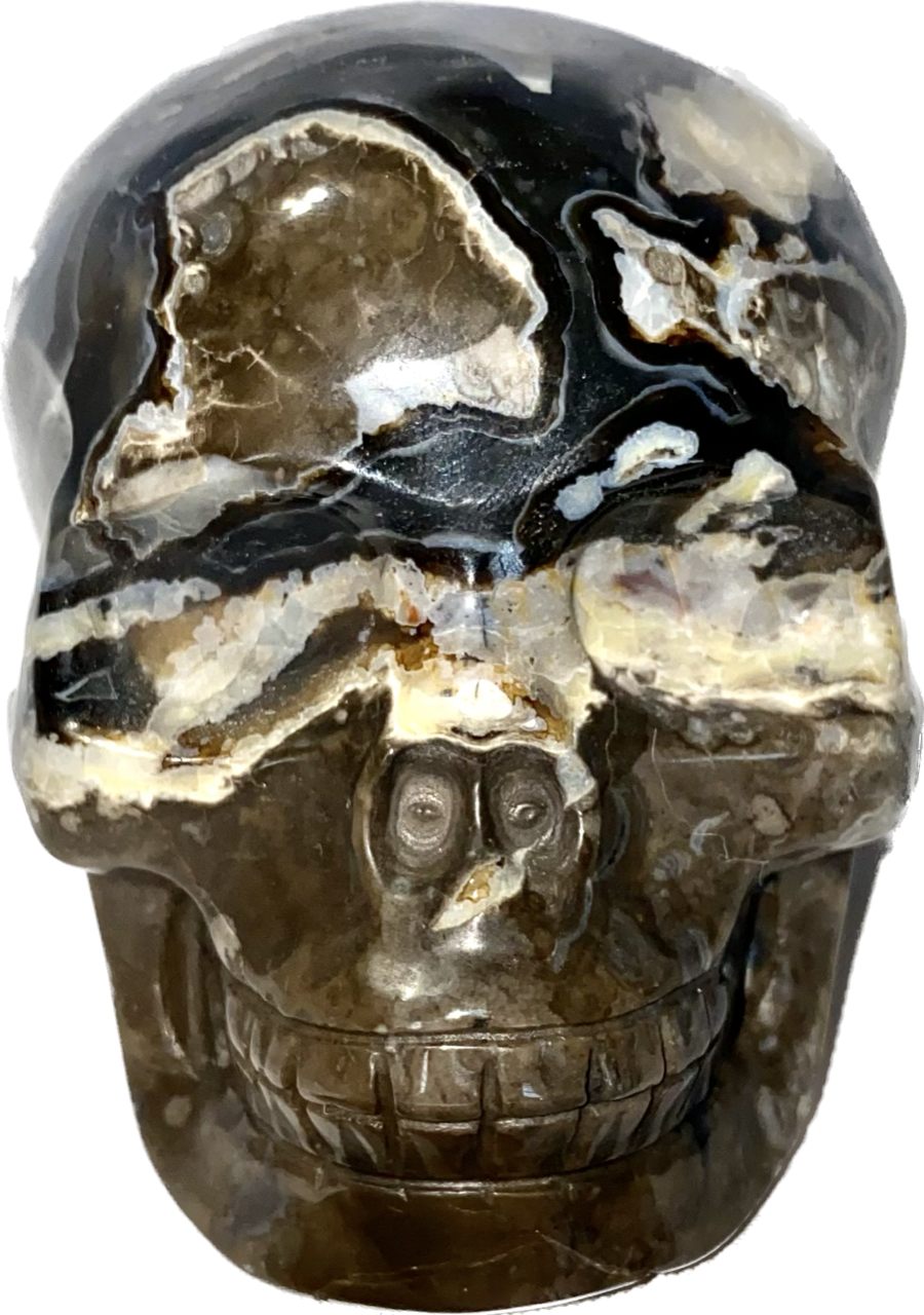 Large Volcano Agate Skull Statue (UV Reactive) 5 - Halloween decor, spooky polished stone sculpture crystalline druzy pockets, glows in blacklight