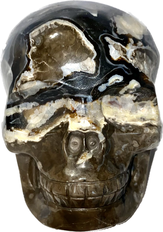 Large Volcano Agate Skull Statue (UV Reactive) 5 - Halloween decor, spooky polished stone sculpture crystalline druzy pockets, glows in blacklight