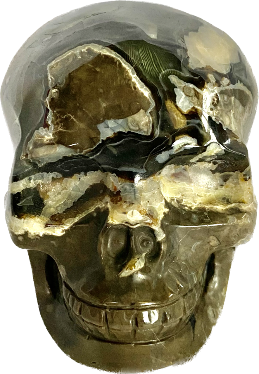 Large Volcano Agate Skull Statue (UV Reactive) 5 - Halloween decor, spooky polished stone sculpture crystalline druzy pockets, glows in blacklight