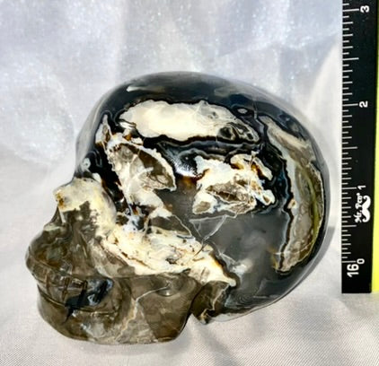 Large Volcano Agate Skull Statue (UV Reactive) 5 - Halloween decor, spooky polished stone sculpture crystalline druzy pockets, glows in blacklight